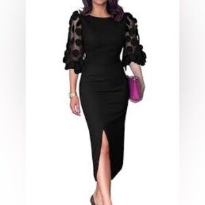 Chic Black Dress with Sheer Polka Dot floral Sleeves
